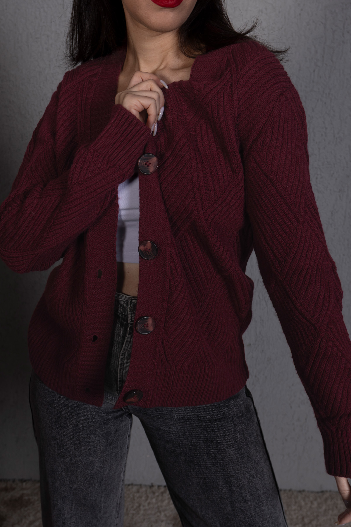 Yürütme Fitil Desenli Kadın Triko Hırka Bordo