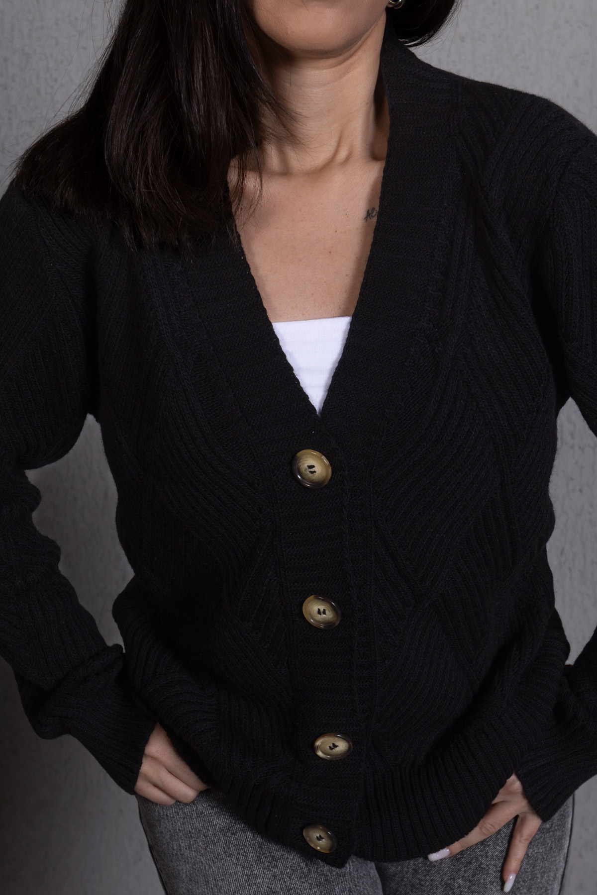 Yürütme Fitil Desenli Kadın Triko Hırka Siyah