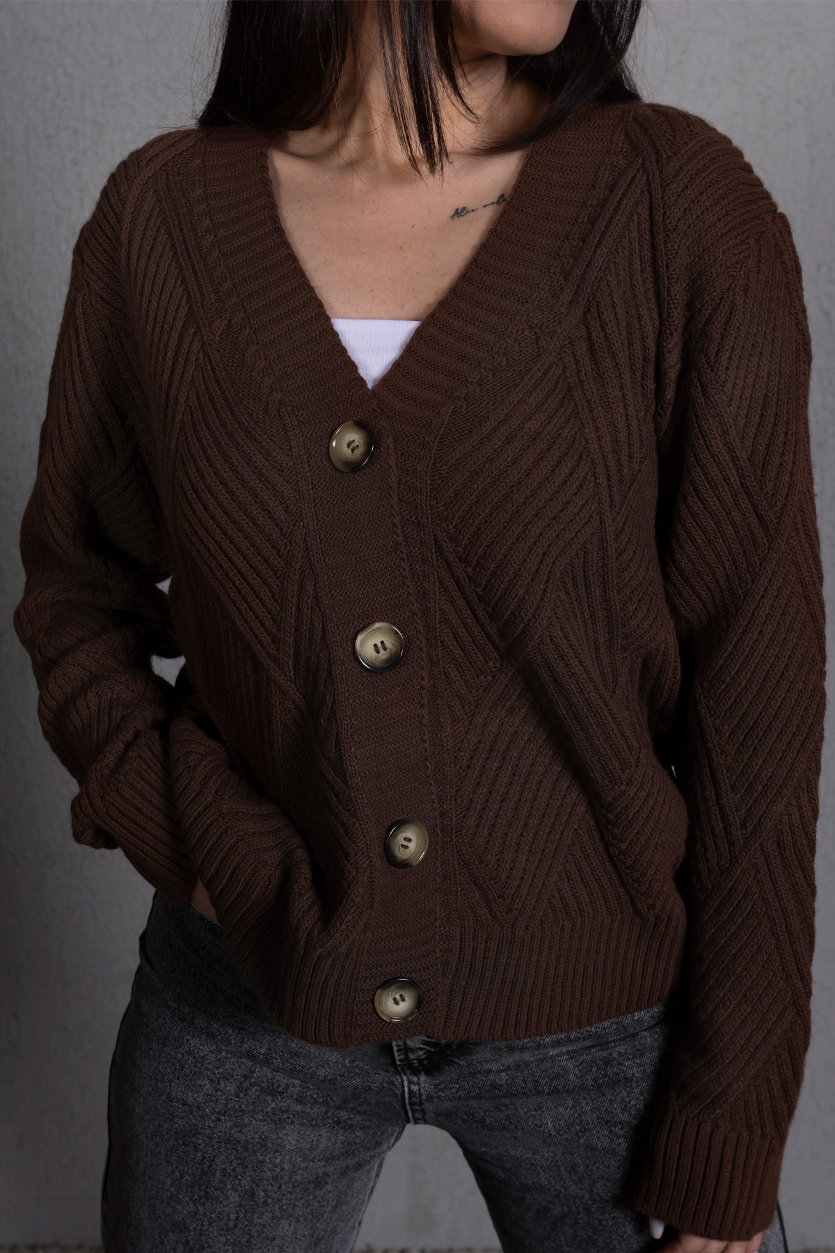 Yürütme Fitil Desenli Kadın Triko Hırka Kahverengi