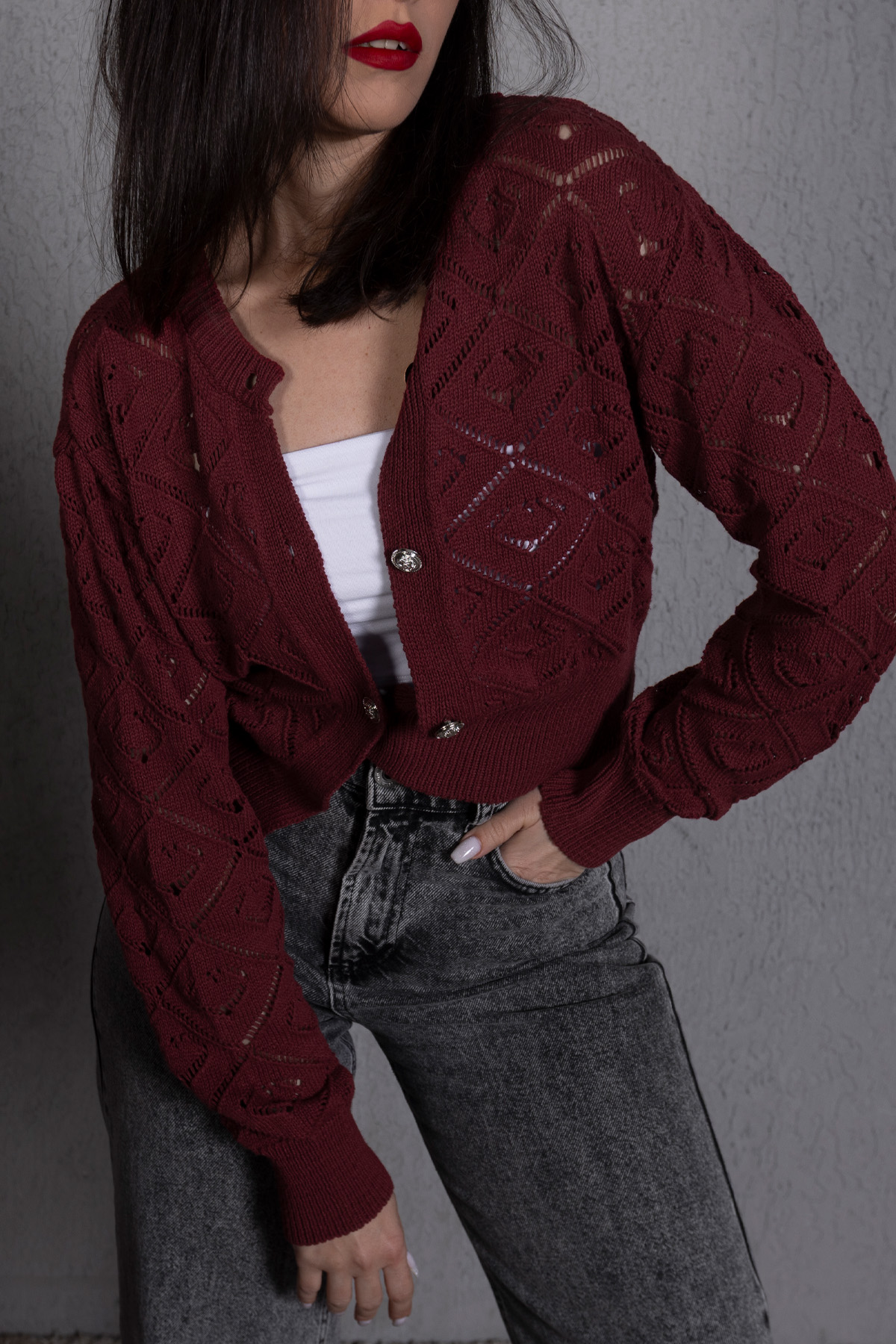 Ajurlu Baklava Desen Düğmeli Ara Boy Bordo Hırka