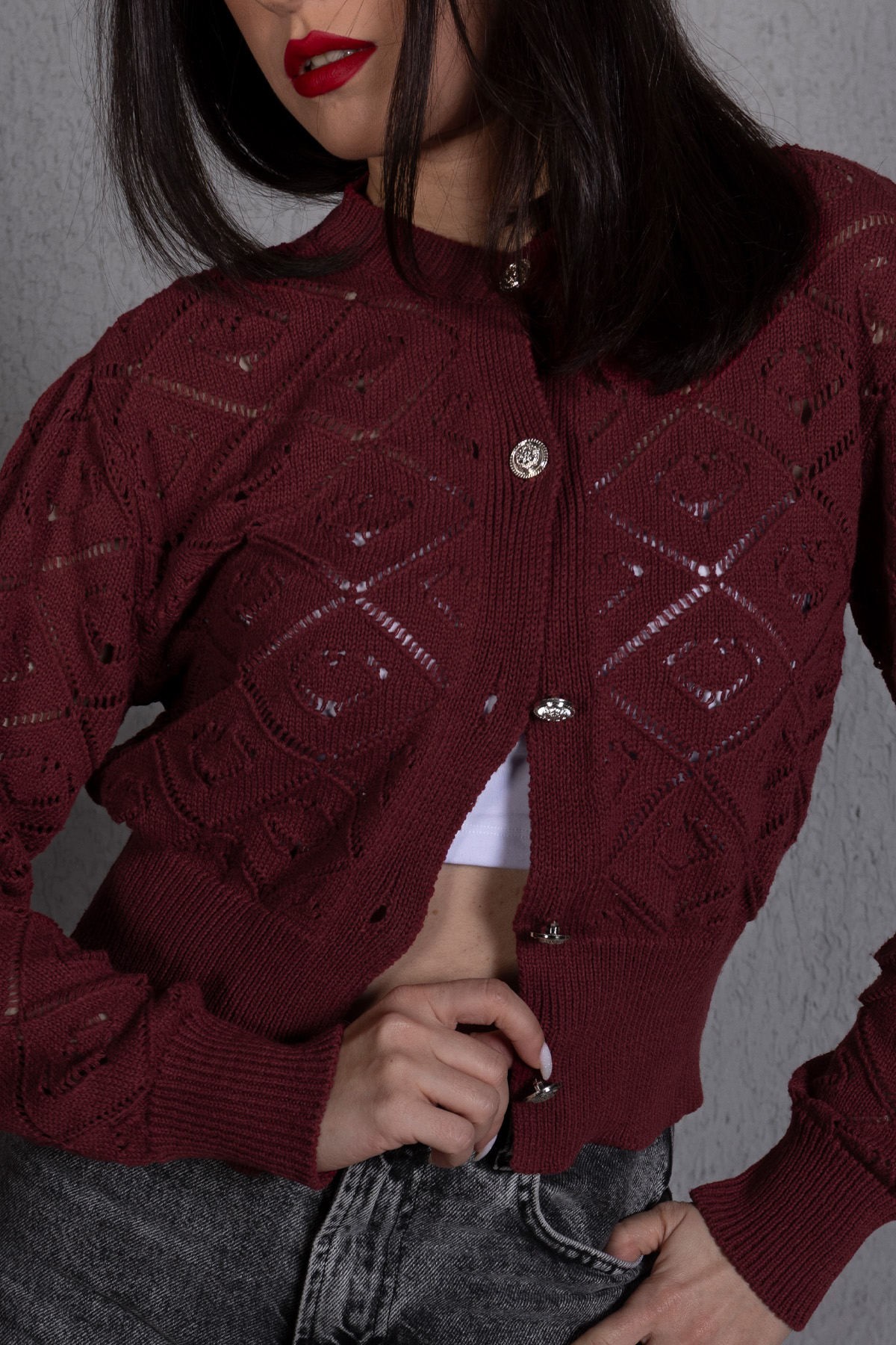 Ajurlu Baklava Desen Düğmeli Ara Boy Bordo Hırka