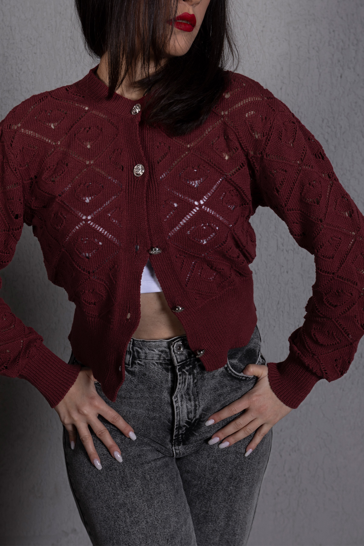 Ajurlu Baklava Desen Düğmeli Ara Boy Bordo Hırka